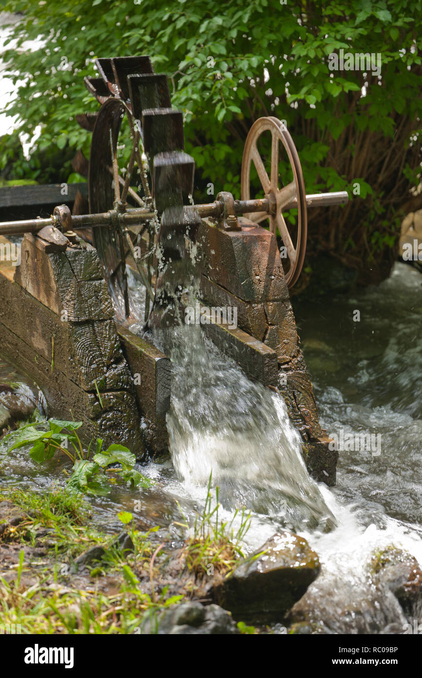 Antique water wheel at Kirkwood Historical Ranch the Snake River in Hells Canyon National Recreation Area. Stock Photo