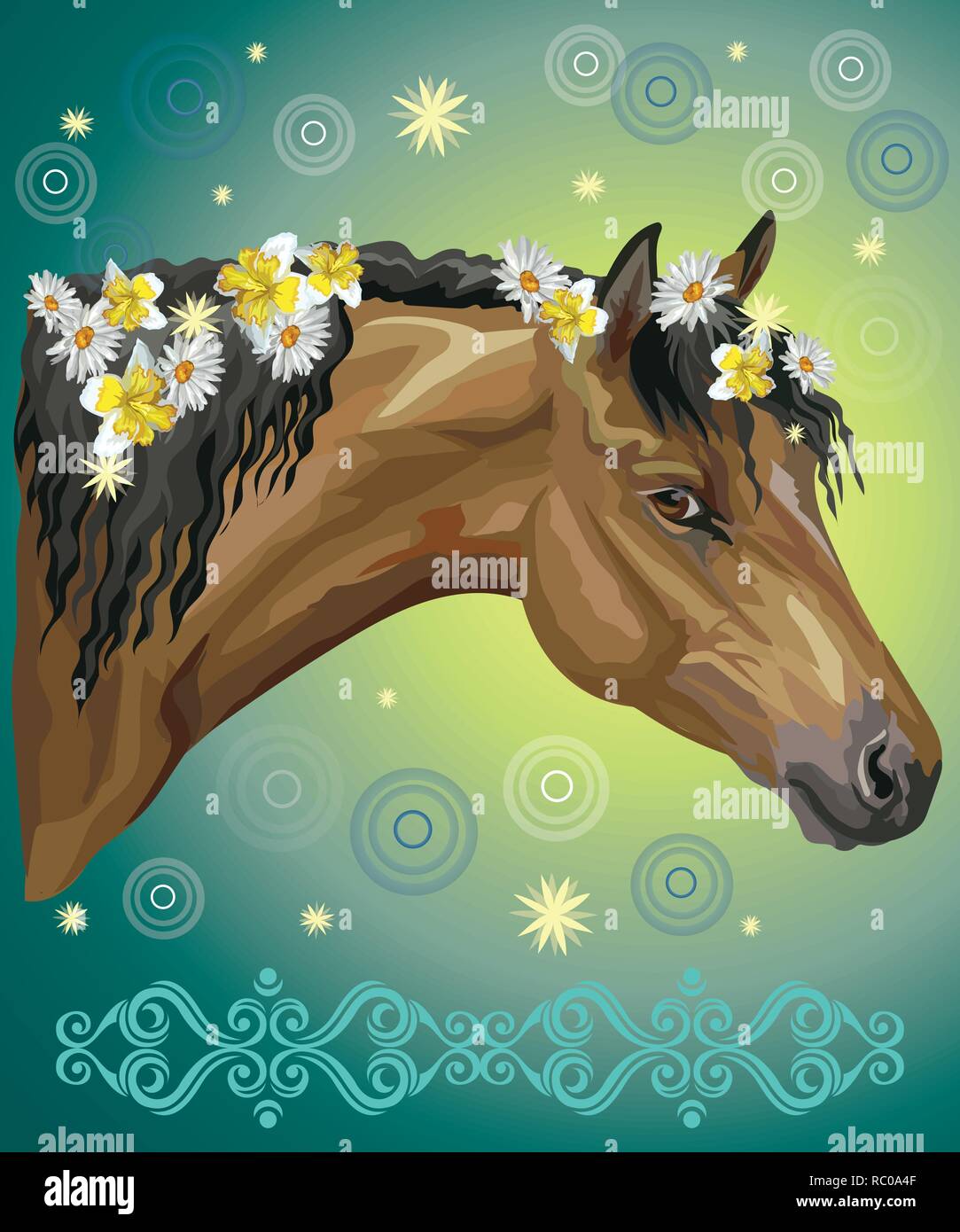 Vector colorful illustration. Portrait of horse with different flowers in mane isolated on turquoise gradient background with decorative ornament and  Stock Vector