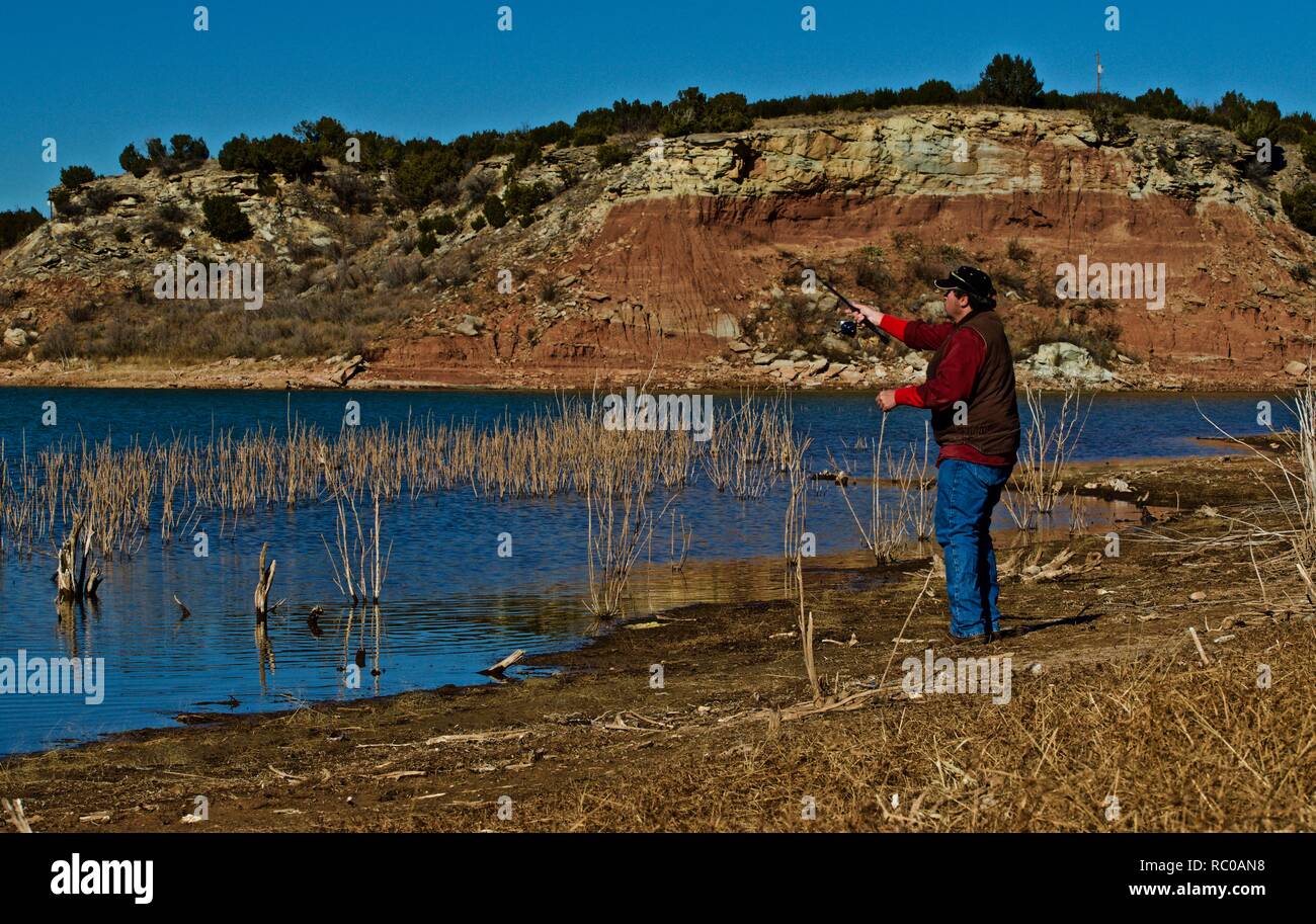 Fishing for Cat Fish, Bass, Crappie and Walleye at Lake McKinsey near Amarillo, Texas. Stock Photo