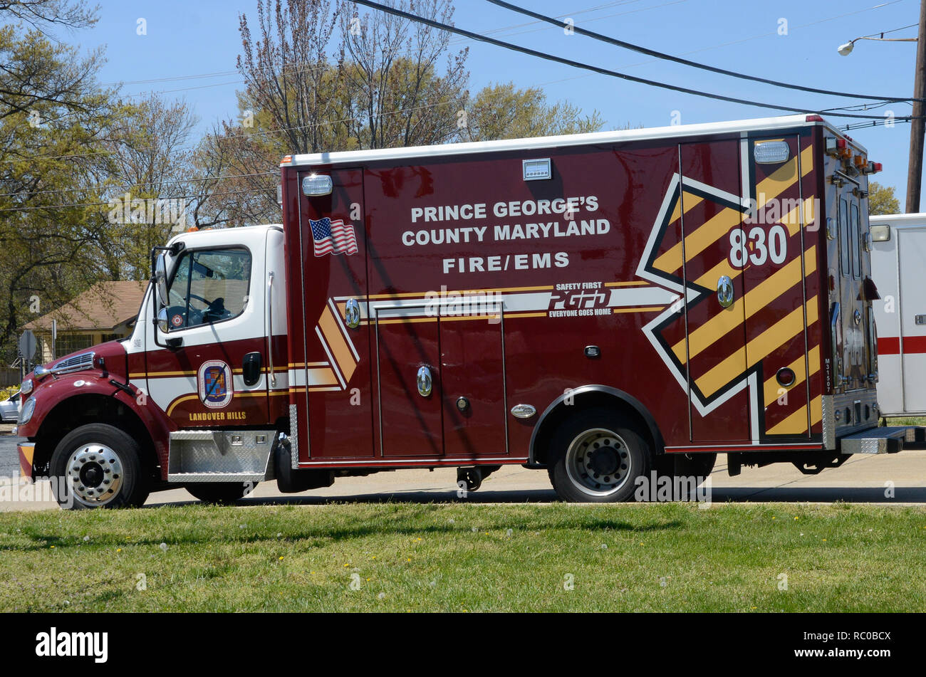 Ambulance from Prince George's County Maryland sits on front ramp of its firehouse in Landover Hills, Maryland Stock Photo