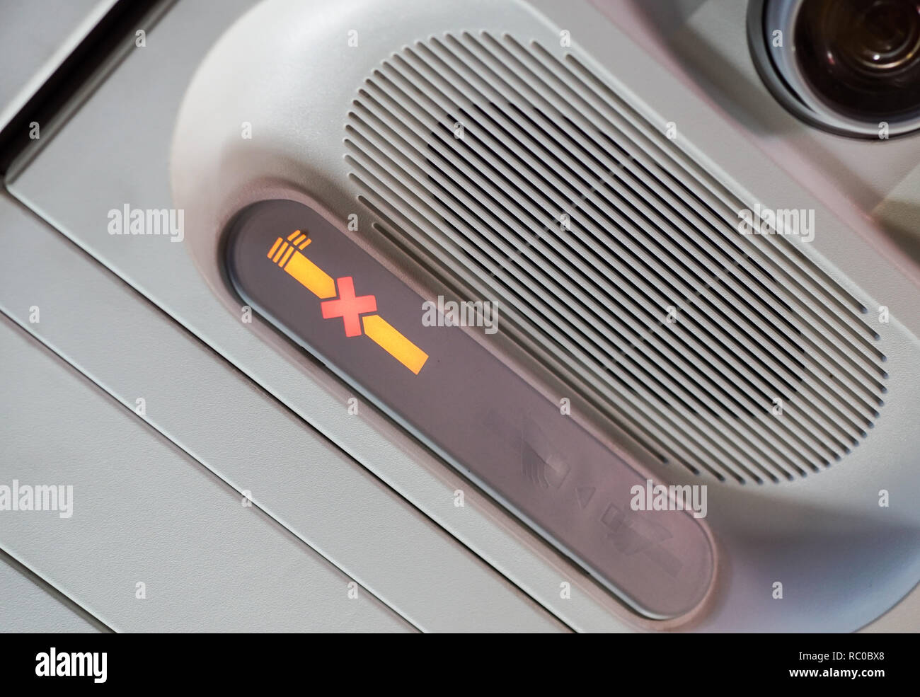 Non Smoking Area Sign on the Airplane. Smoking on the Air is Prohibited