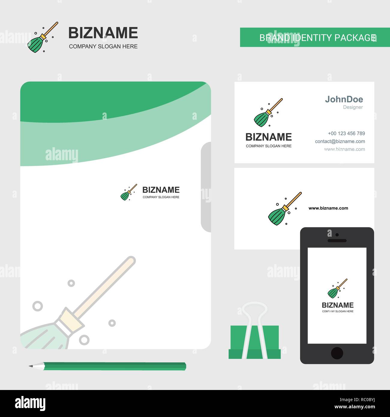 Broom Business Logo, File Cover Visiting Card and Mobile App Design
