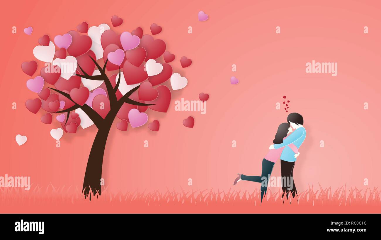 Creative of love valentines day concept. Love couple hug under love heart tree background. Vector illustration invitation card Valentine's day paper c Stock Vector
