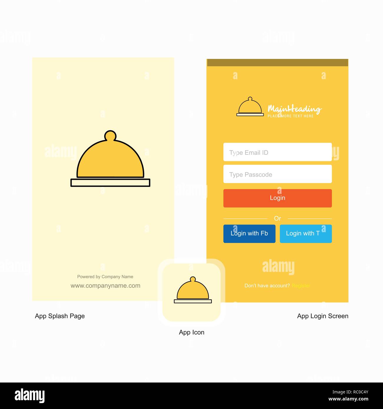 Company Food dish Splash Screen and Login Page design with Logo template. Mobile Online Business