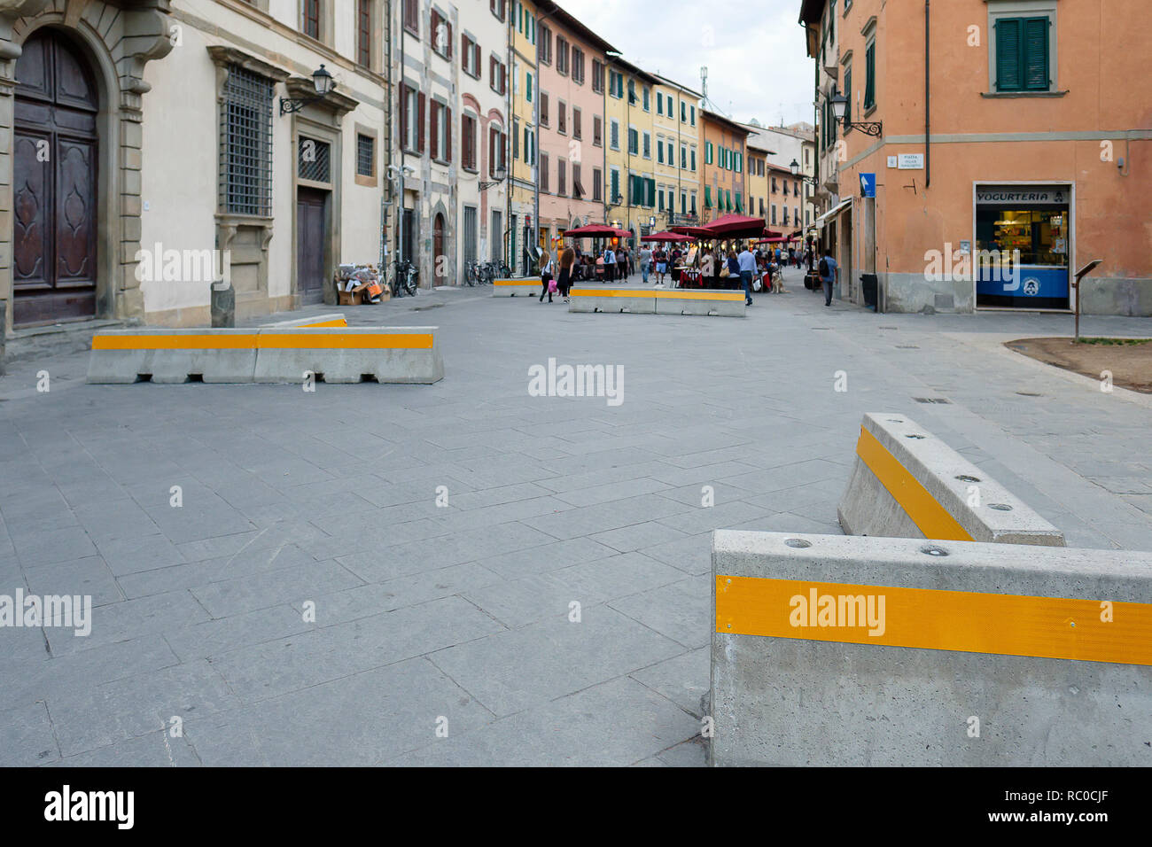 anti terror barriers on pedestrian street, Pisa, Tuscany, Italy, Europe, Stock Photo