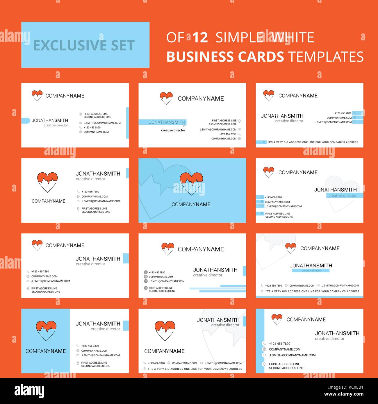 Set of 12 Heart ECG Creative Busienss Card Template. Editable Creative ...