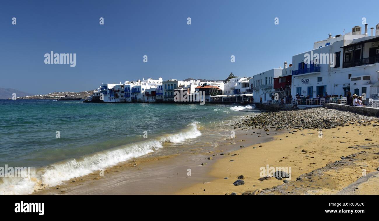 Mykonos, Greece - 6th July 2018:The water front restaurants of Mykonos  Stock Photo - Alamy