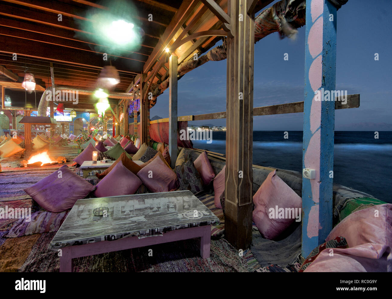 A waterside restaurant at night, Dahab, Egypt Stock Photo Alamy