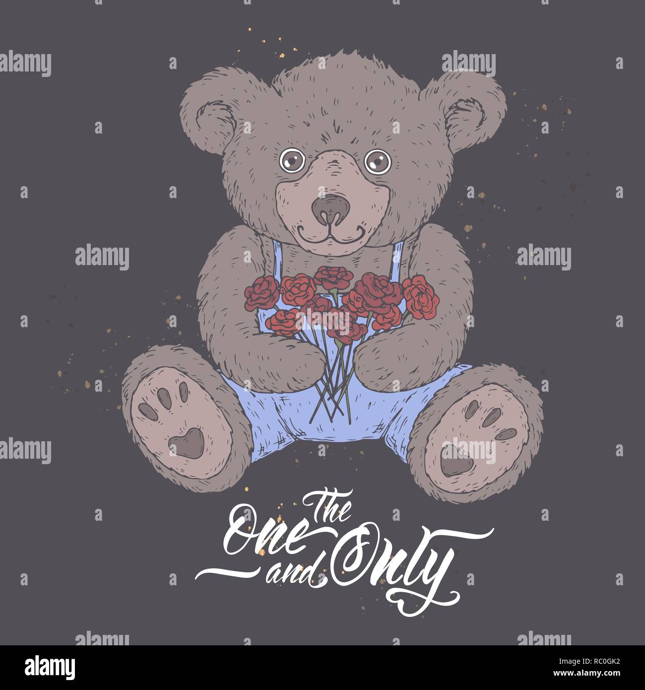 Romantic color card with teddy bear on blue and brush lettering saing