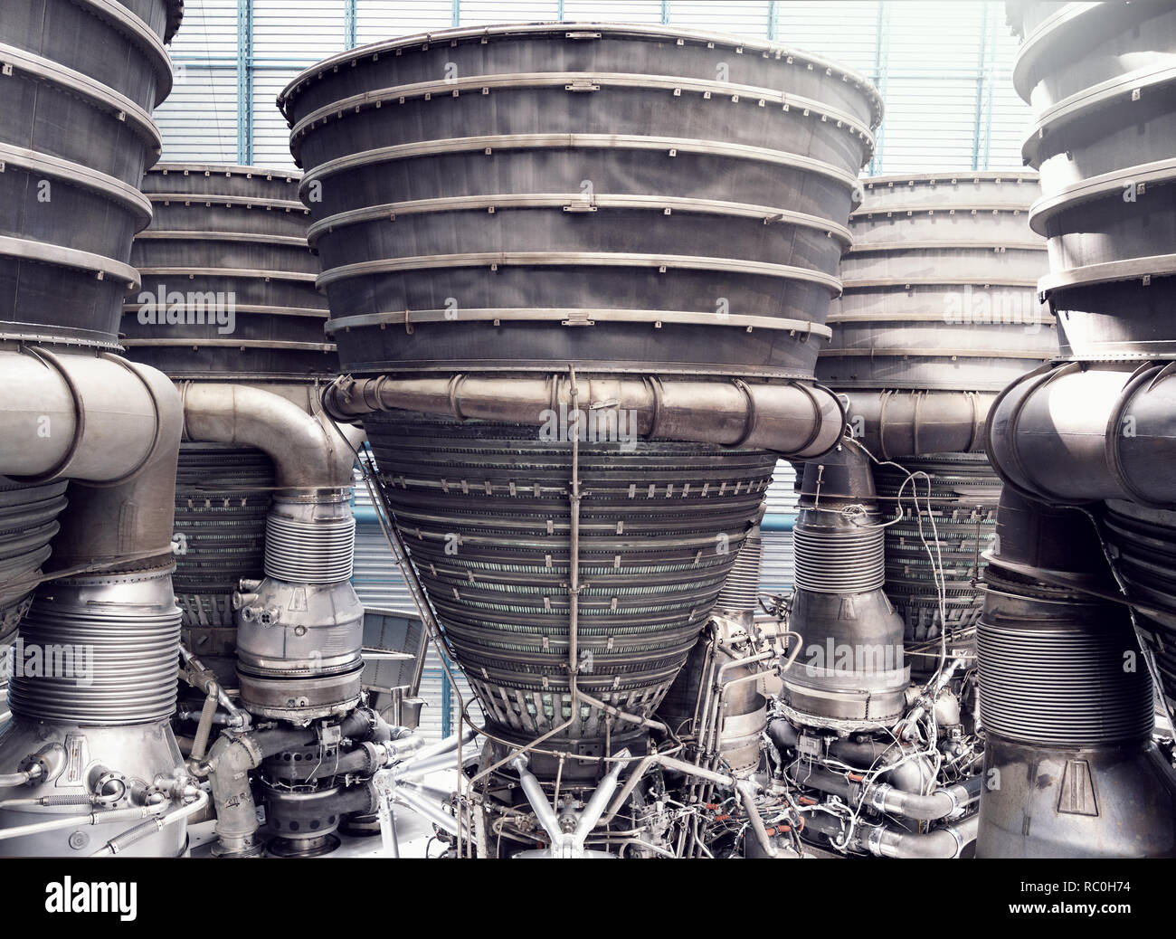 Saturn V F-1 rocket engines. The Apollo mission that launched a human to the moon. Stock Photo