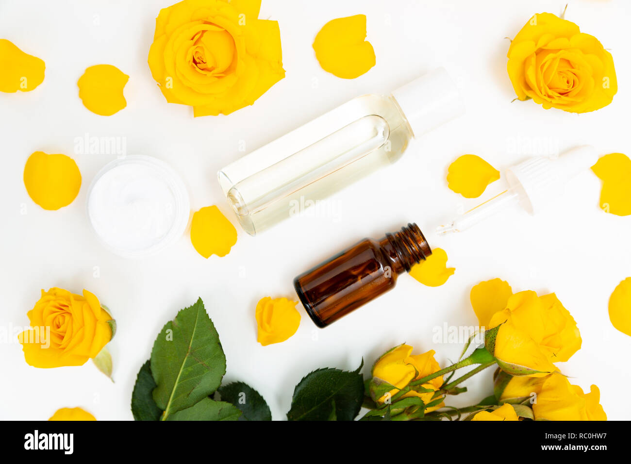 Aromatic botanical cosmetics. Skincare home spa treatment with yellow ...