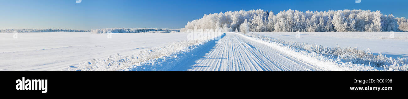 beautiful winter landscape panorama with road and forest. panoramic view of snow covered forest and field Stock Photo