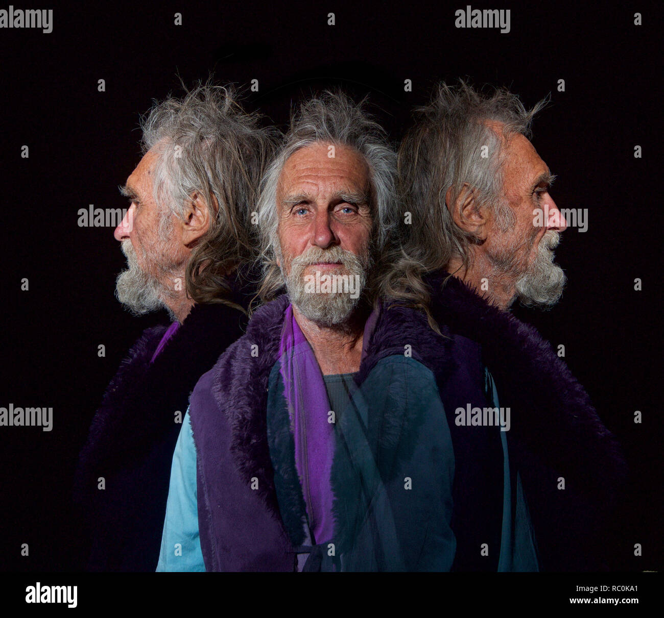 Triple portrait of elderly caucasian man Stock Photo