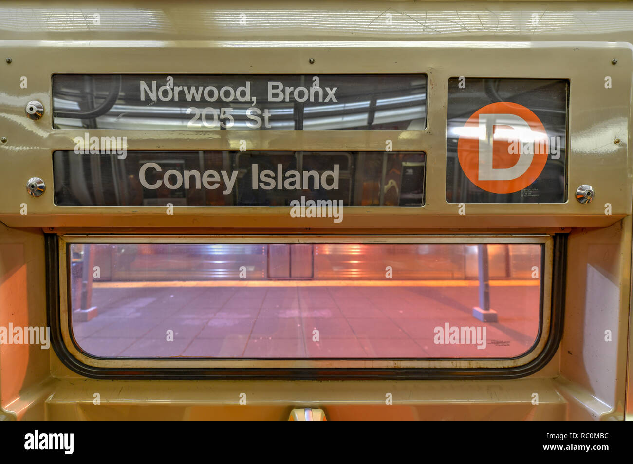 New York City - December 8, 2018: D train car in the New York City transit system. Stock Photo