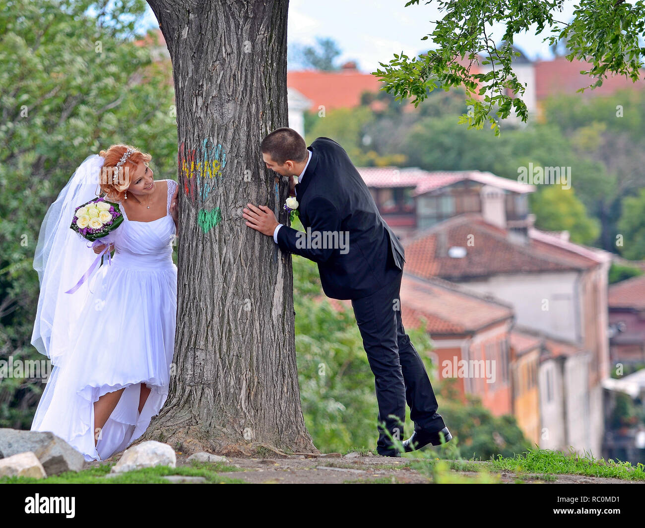 Plovdiv, Bulgaria: Unidentified young Bulgarian couple on their wedding day in Plovdiv Stock Photo