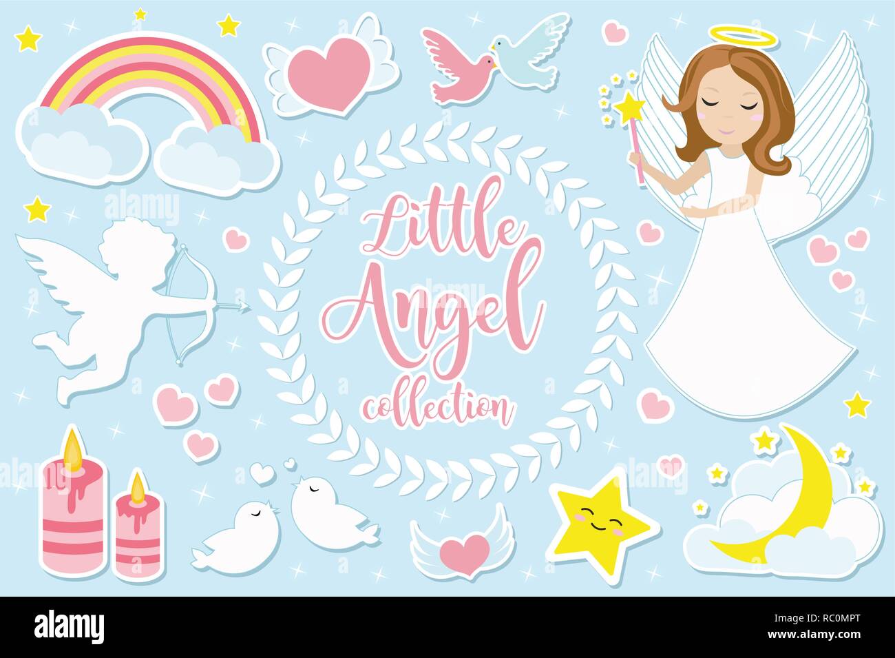Little angel girl character set of objects. Collection of design element with angels, cupid, clouds, hearts, doves of peace. Kids baby clip art Valentine's Day kit. Vector illustration. Stock Vector