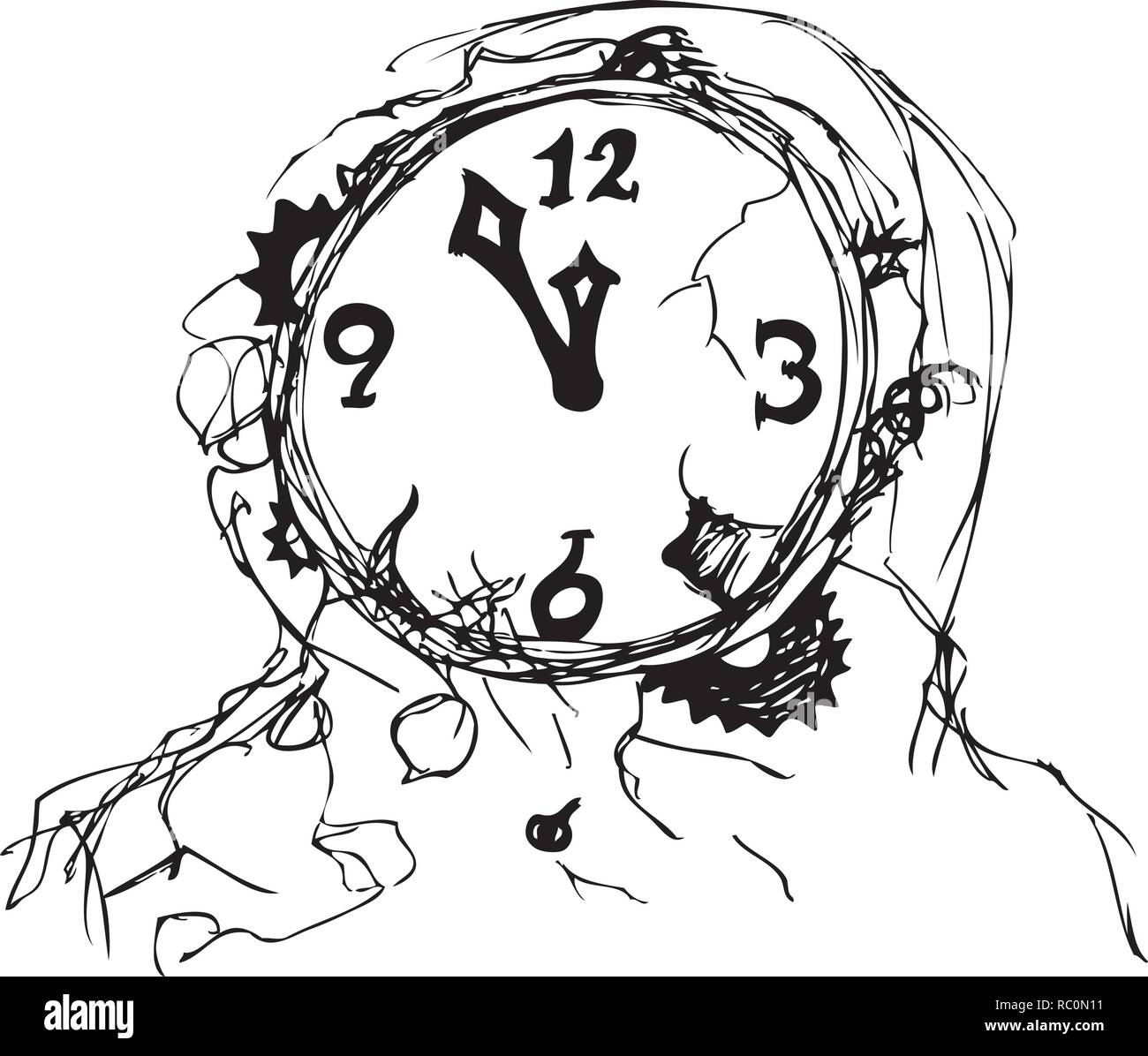 Sketch of an old damaged clock. Stock Vector