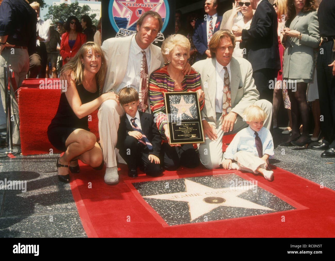 HOLLYWOOD, CA - AUGUST 20: Caren Bernsen, actor Corbin Bernsen, mother actress Jeanne Cooper, grandchildren and son Collin Bernsen attend Jeanne Cooper receives the 1,987th star on Hollywood Walk of Fame on August 20, 1993 on Hollywood Blvd in Hollywood, California. Photo by Barry King/Alamy Stock Photo Stock Photo