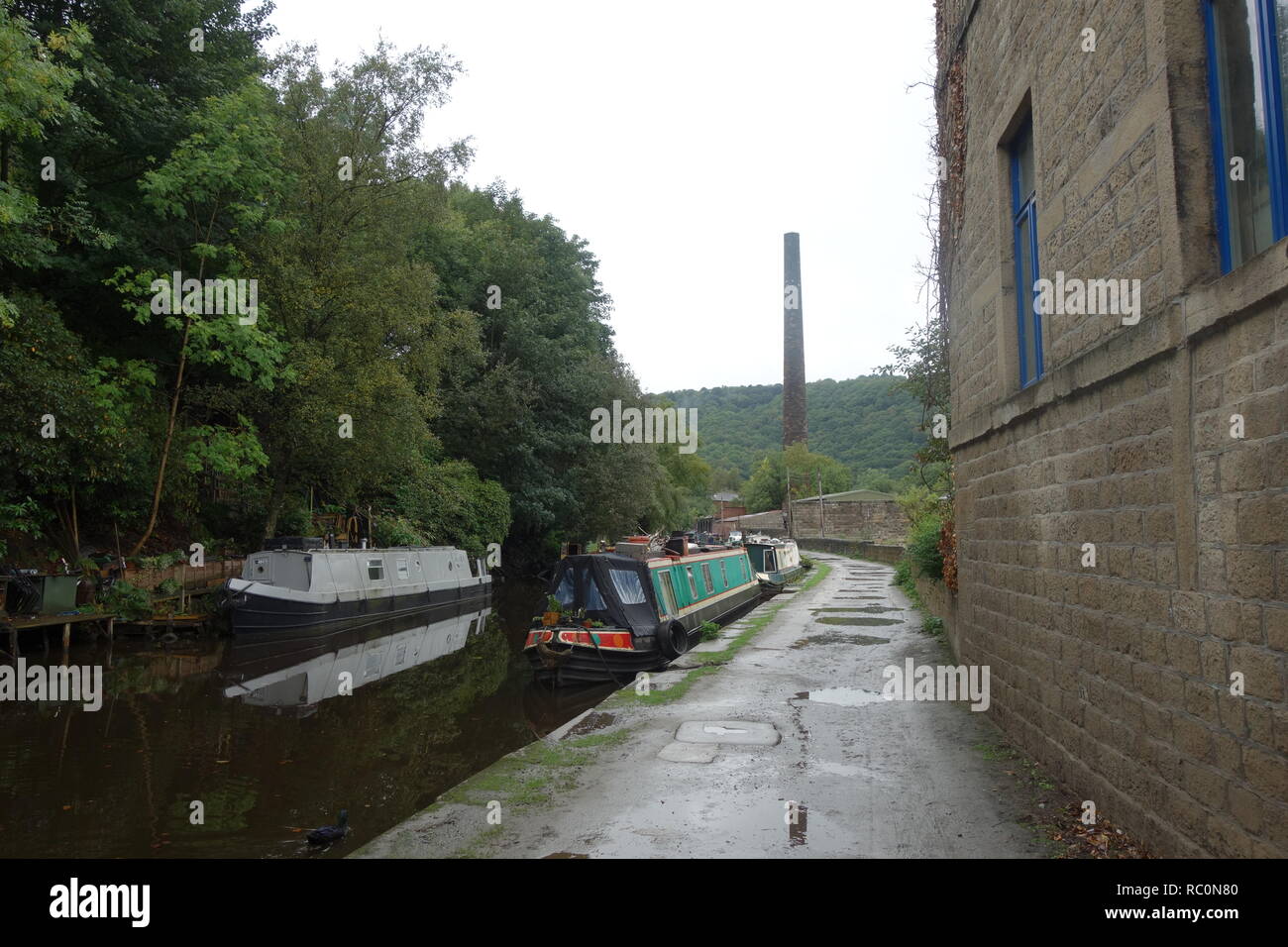 Narrowboats on the Rochdale Canal near Hebden Bridge Stock Photo