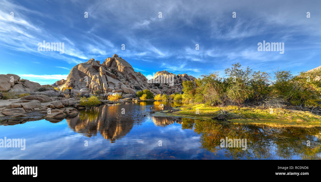Barker Dam in Joshua Tree National Park in the evening at sunset Stock