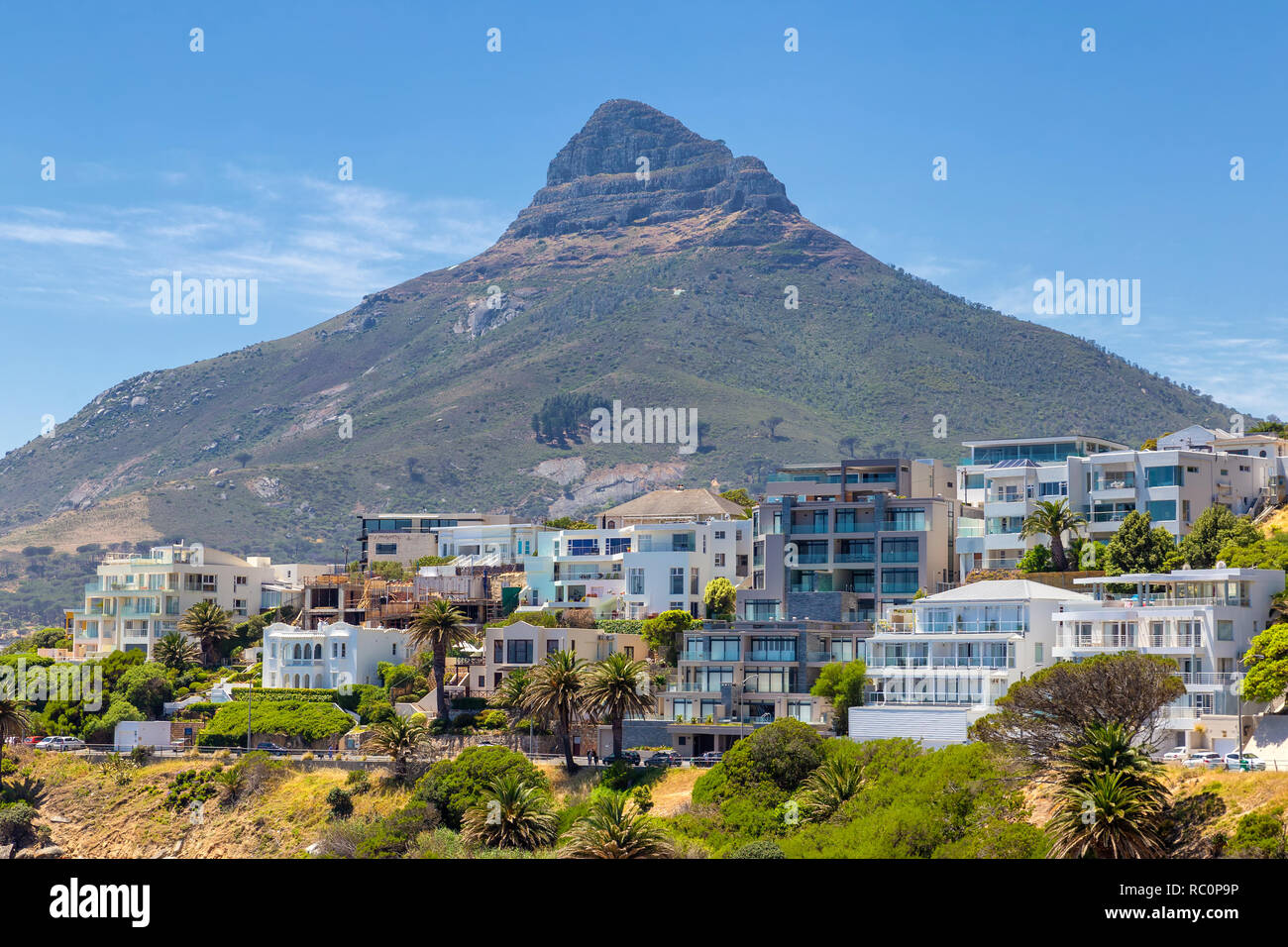 Lion's head mountain and apartment buildings on the coast of Cape Town