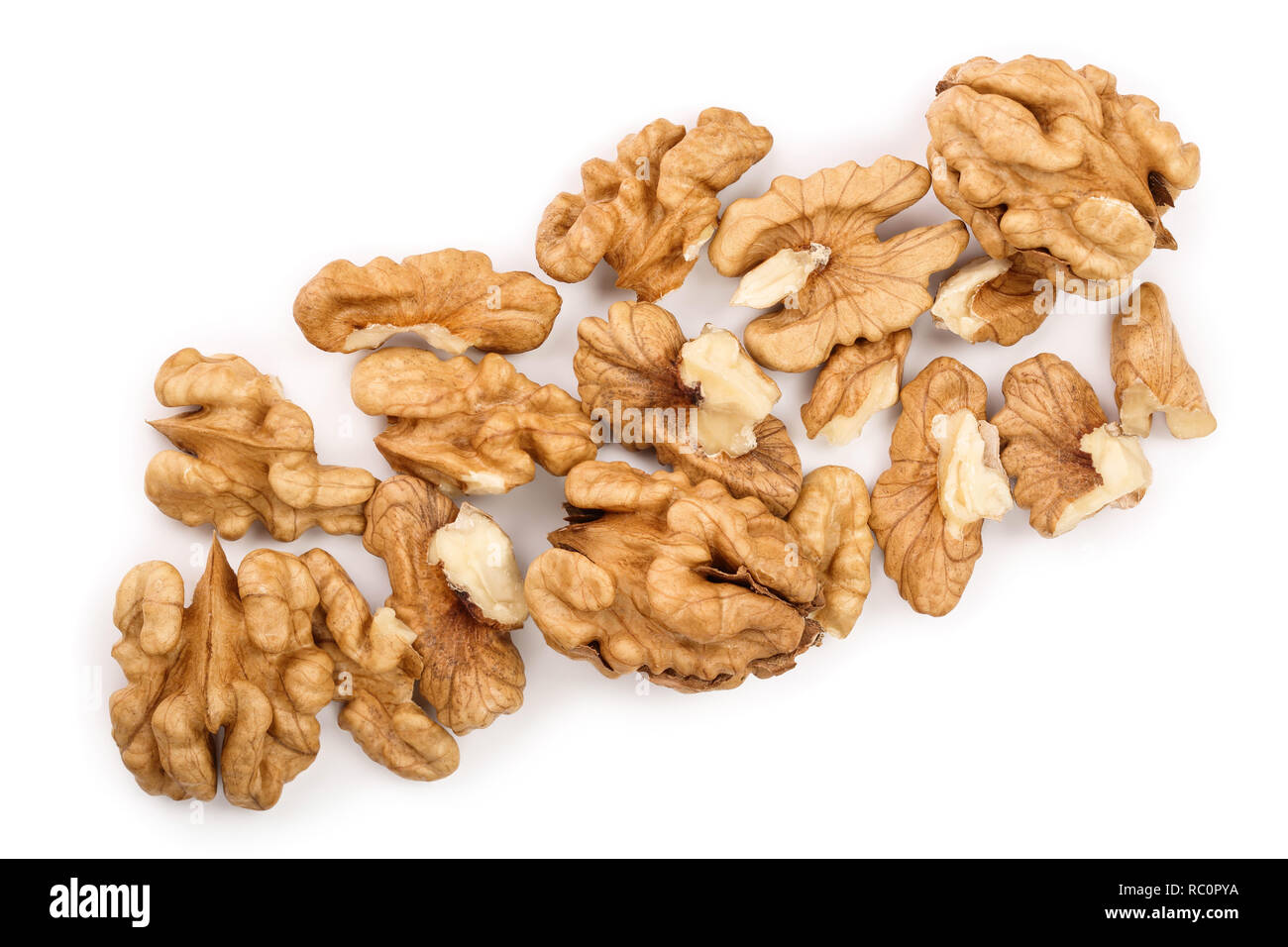 peelled Walnuts isolated on white background. Top view. Flat lay. Stock Photo