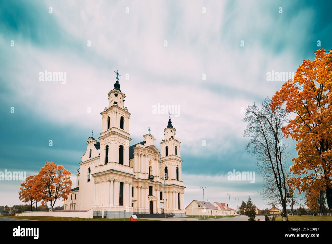 Budslau, Myadzyel Raion, Minsk Region, Belarus. Church Of Assumption Of Blessed Virgin Mary In Autumn Day. Stock Photo