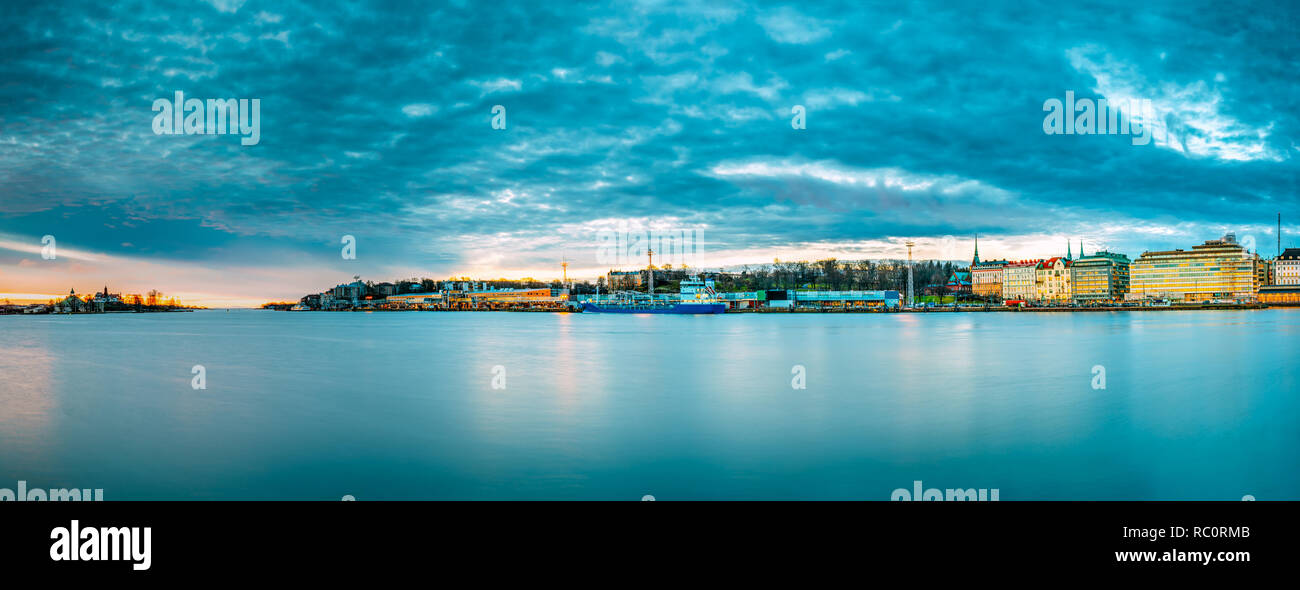 Helsinki, Finland. Panoramic Morning View Of Blekholmen Valkosaari Island And Luoto Island, Port Of Helsinki, Transport Terminal, Ferry Terminal And H Stock Photo