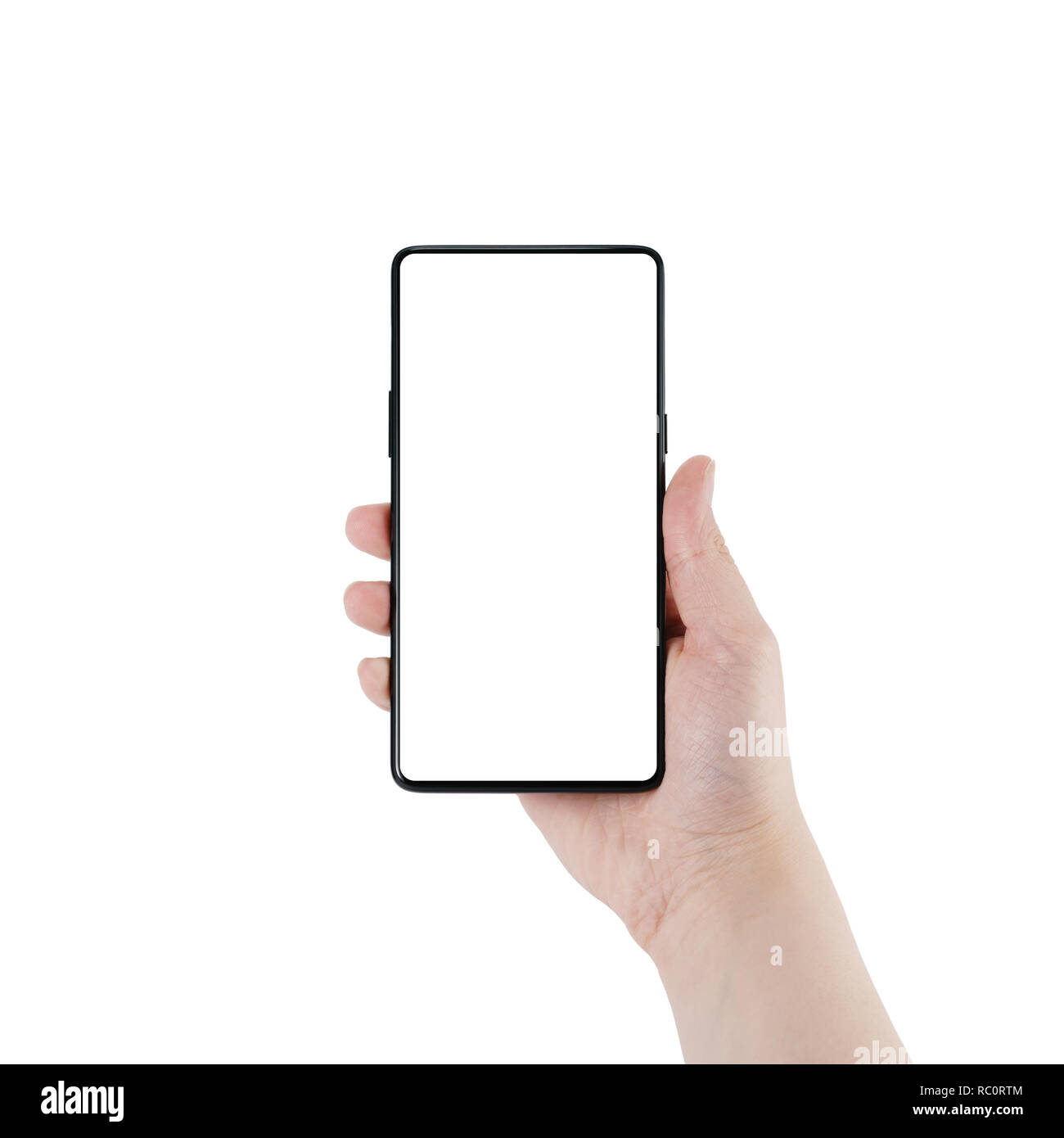 female teen hand holding smartphone with blank screen isolated on white ...