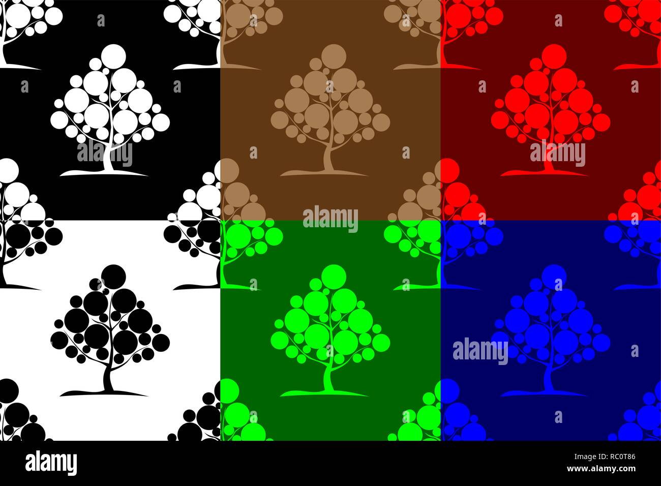 Deciduous tree seamless pattern, Tree (white, black, red, blue, brown, green) background set, Stock Vector