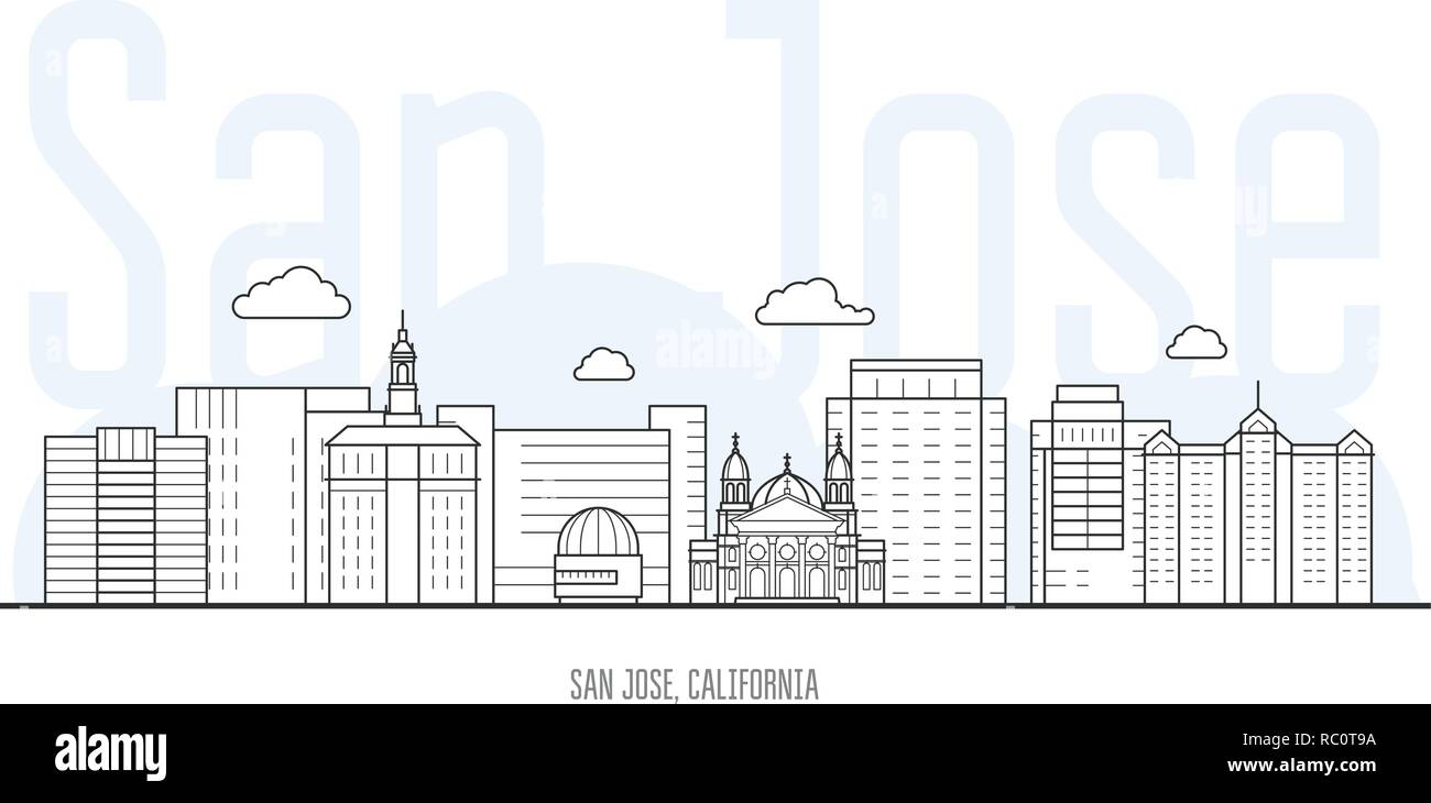 San Jose city skyline - cityscape and landmarks of San Jose, California Stock Vector