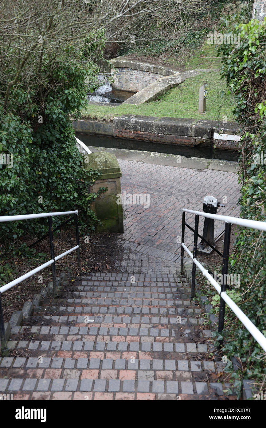 Welshpool,Powys,U.K., steps from old railway line to canal walk, part of Severn Way Stock Photo