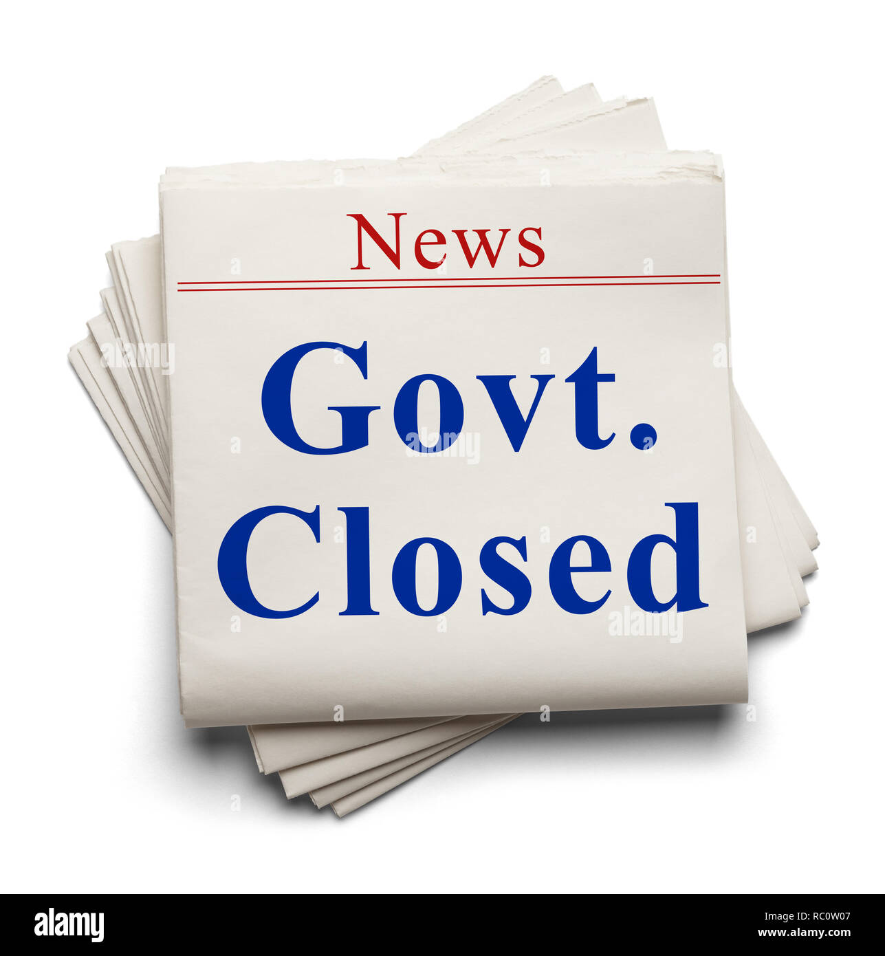 Stack of News Papers with Govt. Closed Headline. Stock Photo