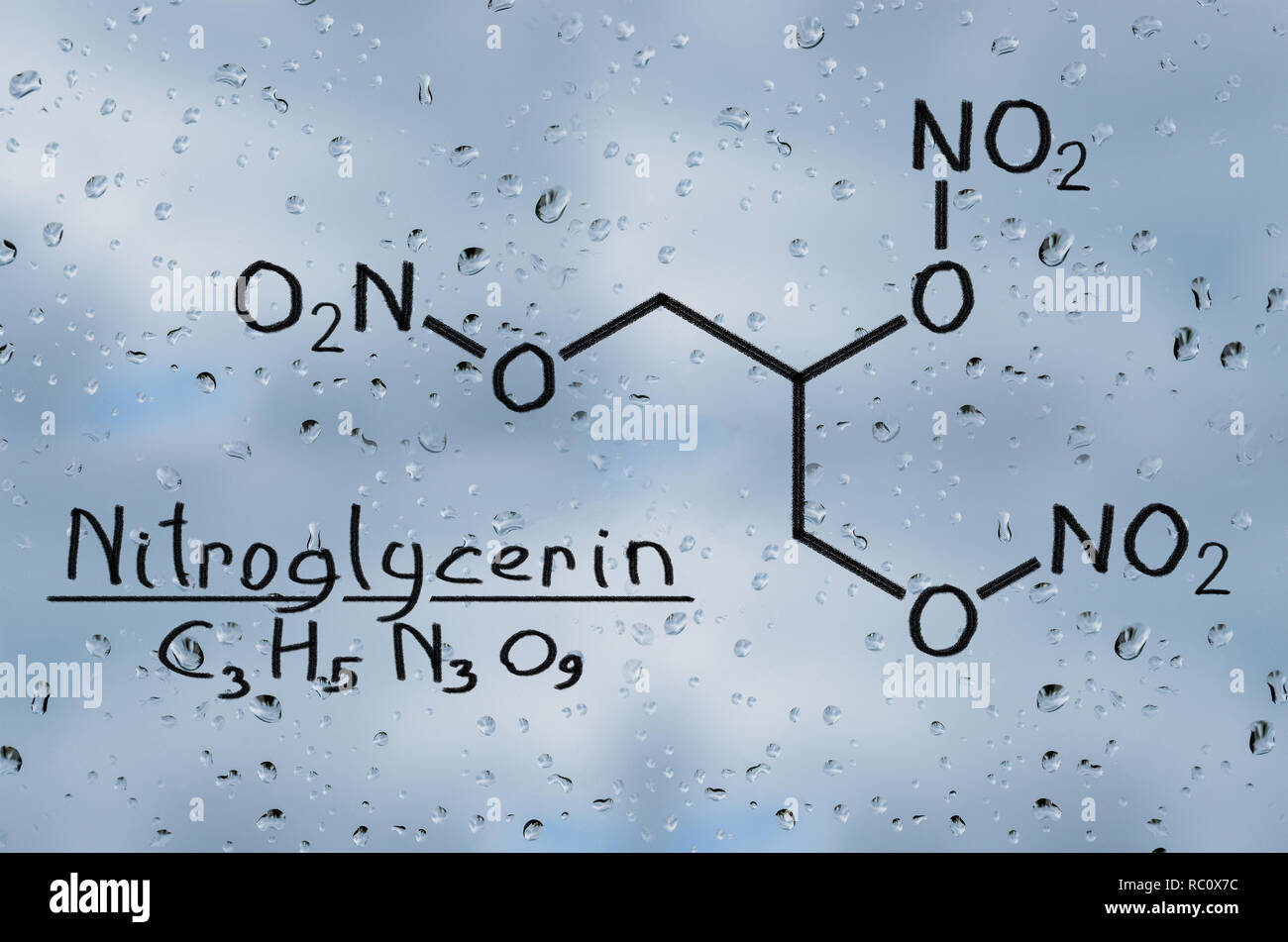 Structural model of Nitroglycerine on the glass with raindrops. Stock Photo