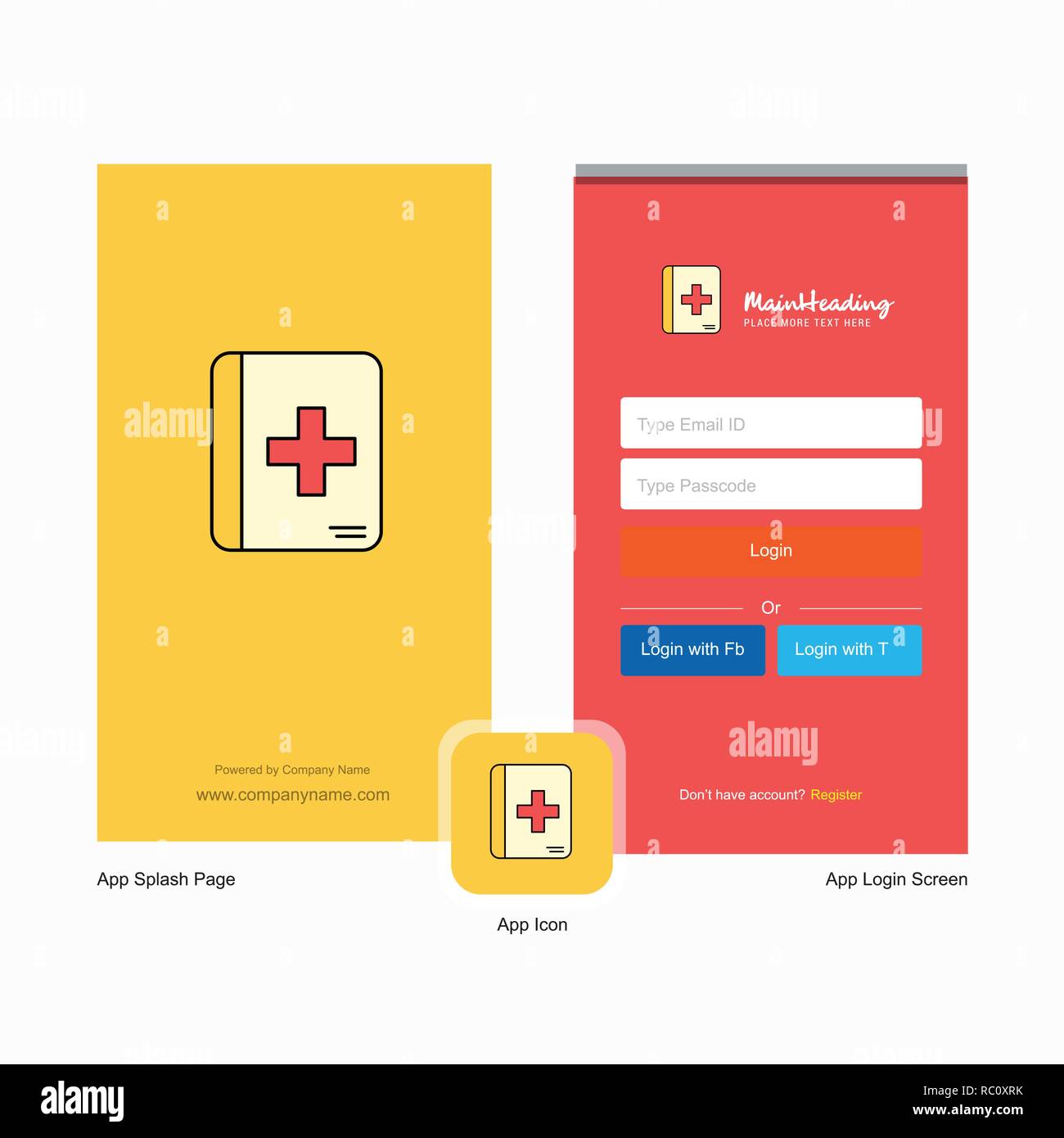 company medical book splash screen and login page design with logo online book template