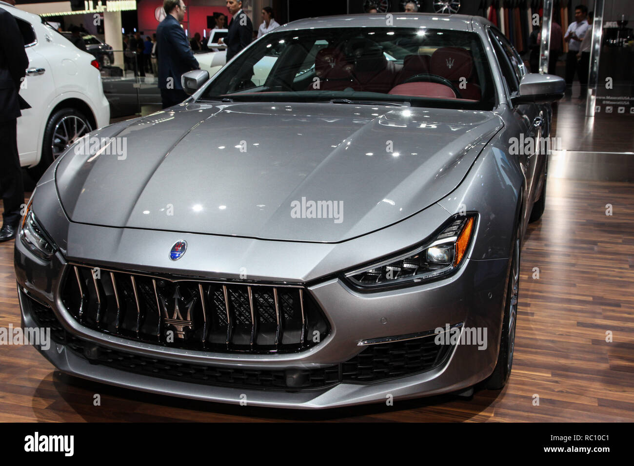 Maserati Ghibli shown at the New York International Auto Show 2018, at the Jacob Javits Center. This was Press Preview Day One of NYIAS Stock Photo