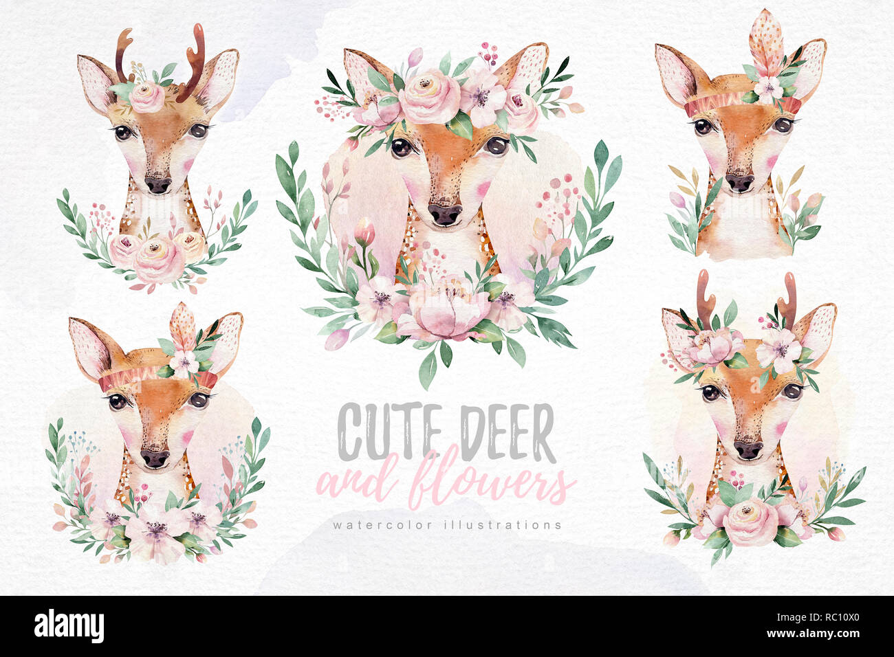 Watercolor set of forest cartoon isolated cute baby deer animal with ...