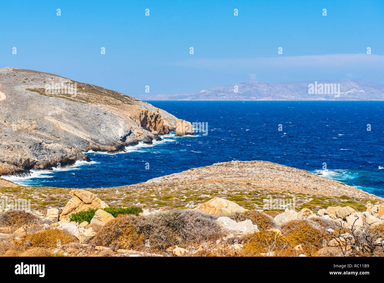 Sea view in Cheronissos village at the north edge of Sifnos. Cyclades islands, Greece Stock Photo