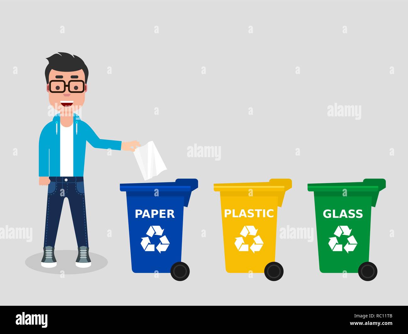 Young man throwing a paper in an appropriate recycle bin.There are