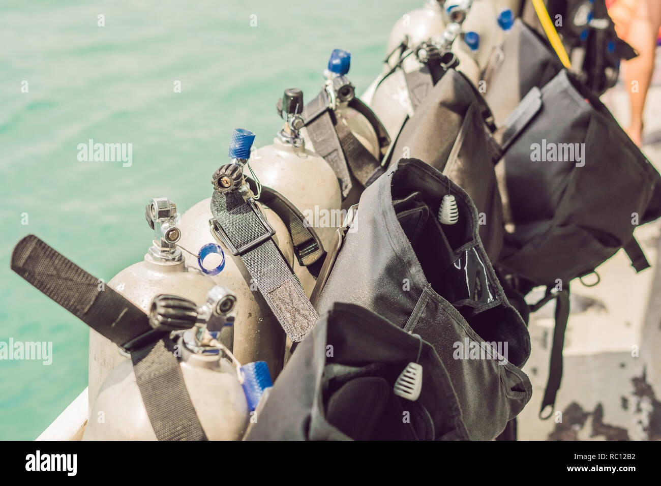 scuba compressed air tank on boat. Ready for diving Stock Photo Alamy
