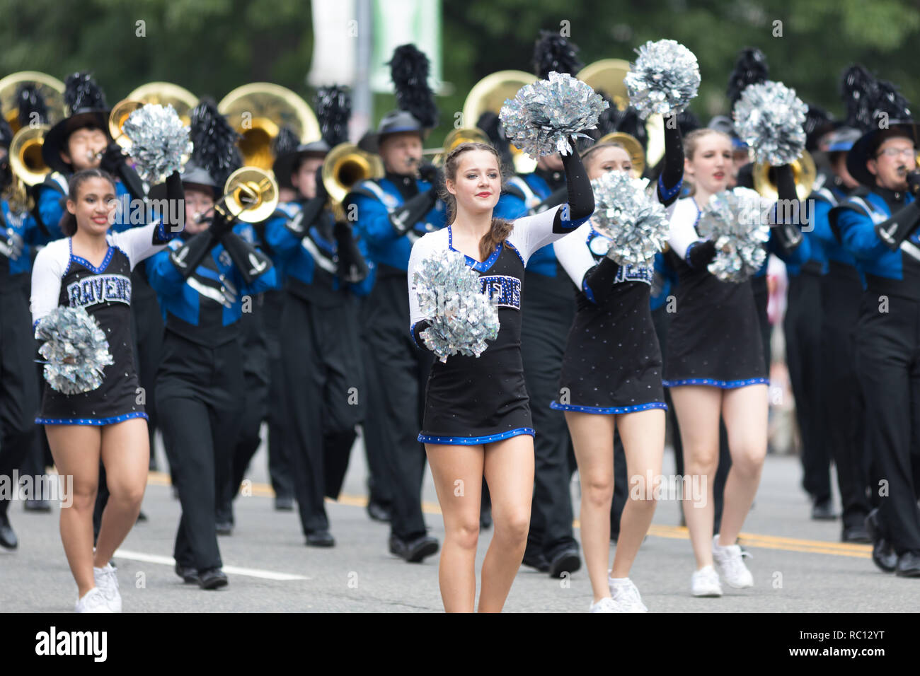 Washington, D.C., USA - May 28, 2018: The National Memorial Day Parade, The Olathe Northwest High School Raven Pride from Olathe, Kansas going down co Stock Photo