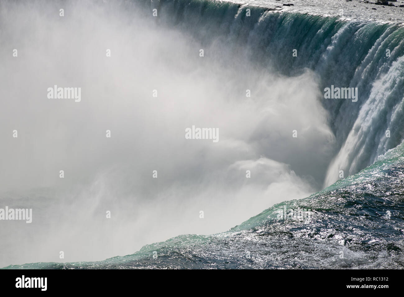 Close up view on Niagara Fall waters on the edge of the waterfall. Bright summer day. Stock Photo