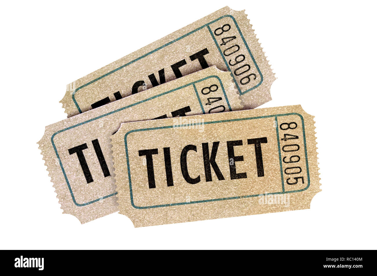 Three old vintage raffle tickets isolated white Stock Photo