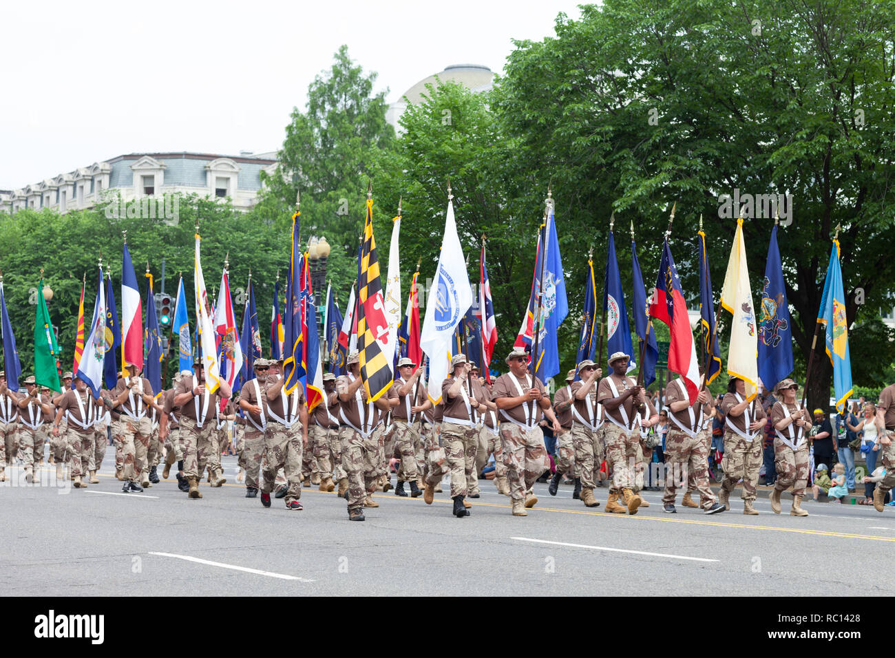 Washington, D.C., USA - May 28, 2018: The National Memorial Day Parade, Veterans of Operation Desert Storm, marching down consitution Avenue Stock Photo