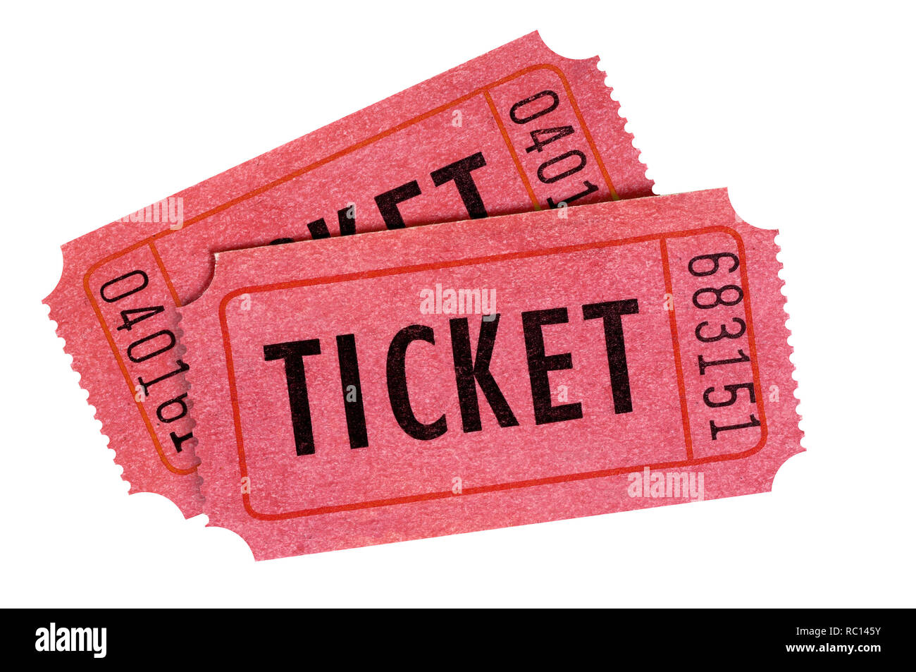 Two old red entrance tickets isolated white Stock Photo
