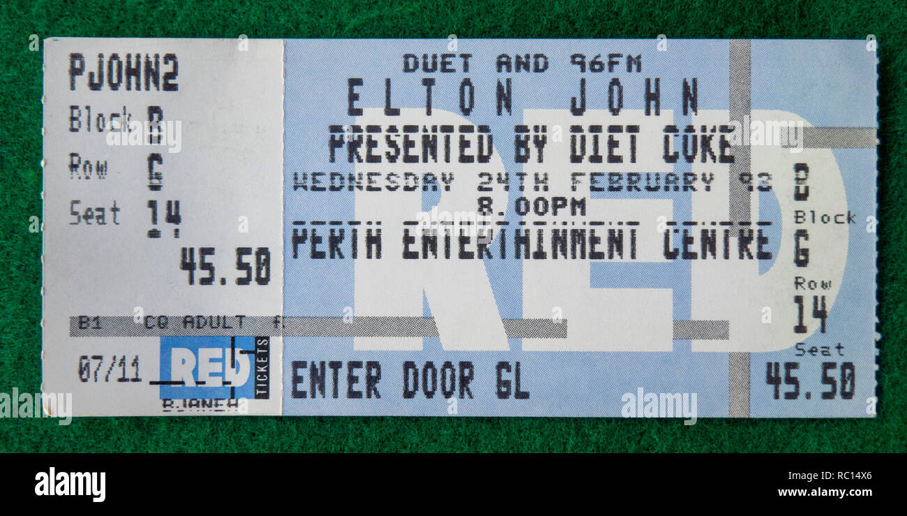 Ticket for Elton John concert at Perth Entertainment Centre in 1993 WA Australia. Stock Photo