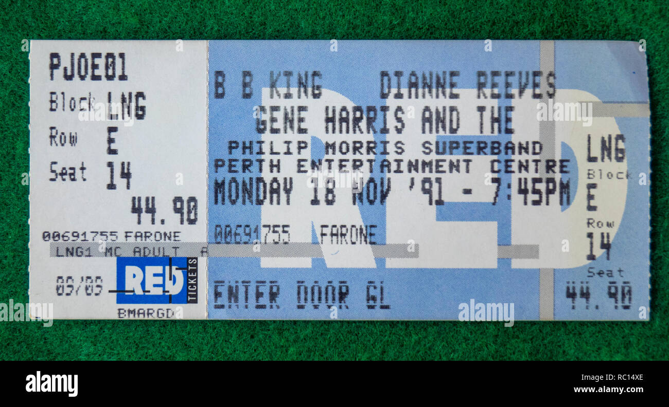 Ticket for BB King concert at Perth Entertainment Centre in 1991 WA Australia. Stock Photo