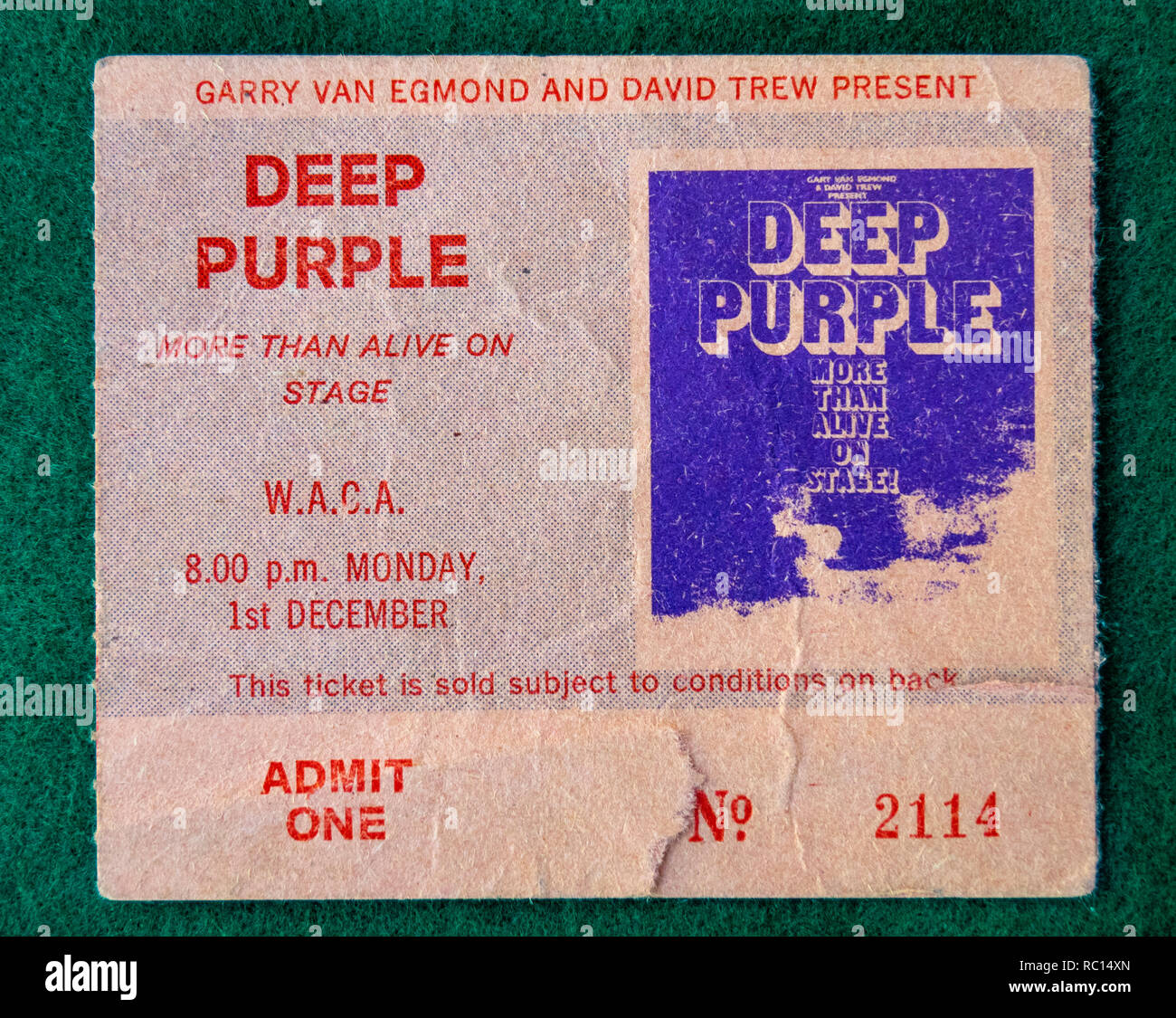 Ticket for Deep Purple concert at Perth Entertainment Centre originally to be at the WACA in 1975 WA Australia. Stock Photo