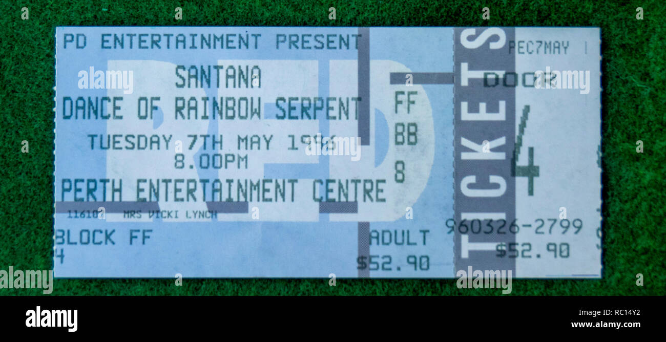 Ticket for Carlos Santana concert at Perth Entertainment Centre in 1996 WA Australia. Stock Photo