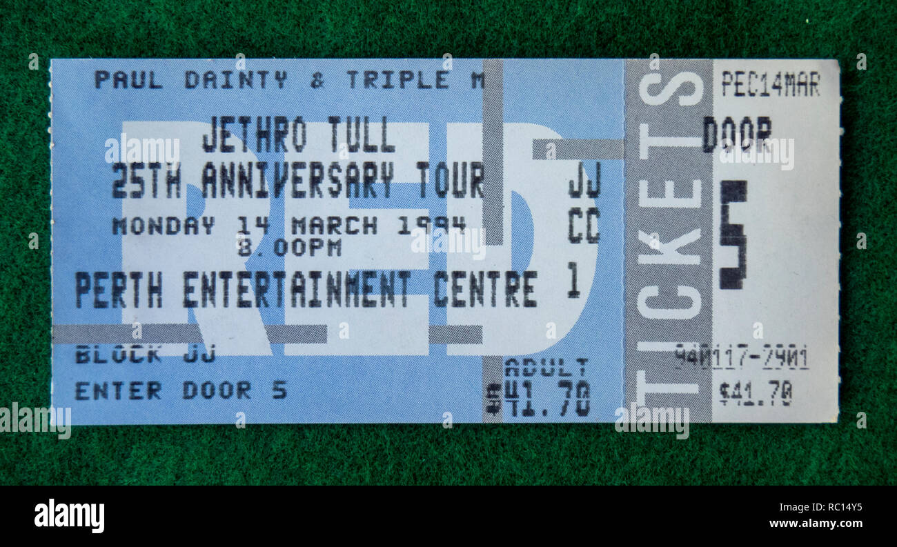 Ticket for Jethro Tull concert at Perth Entertainment Centre in 1994 WA Australia. Stock Photo